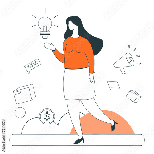 Design woman idea concept marketing strategy business solution innovation creativity promotion message advertising verctor art illustration png