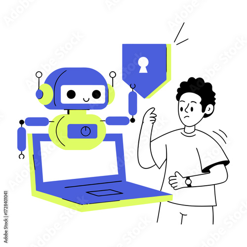 Design cybersecurity robot laptop security system online protection data privacy network safety digital defense ai shield verctor art illustration png