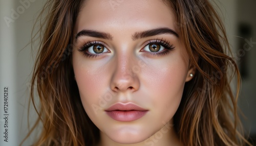 Wallpaper Mural Captivating portrait of a woman with long brown hair and striking blue eyes, study in beauty elegance Torontodigital.ca