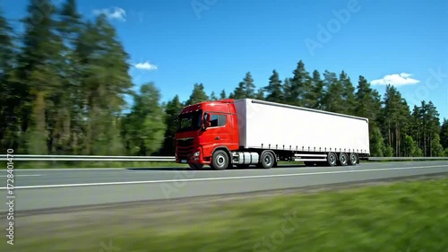 Dynamic long-haul freight truck navigating a scenic highway under a clear blue sky, illustrating efficient logistics and global supply chain transport solutions with speed and reliability