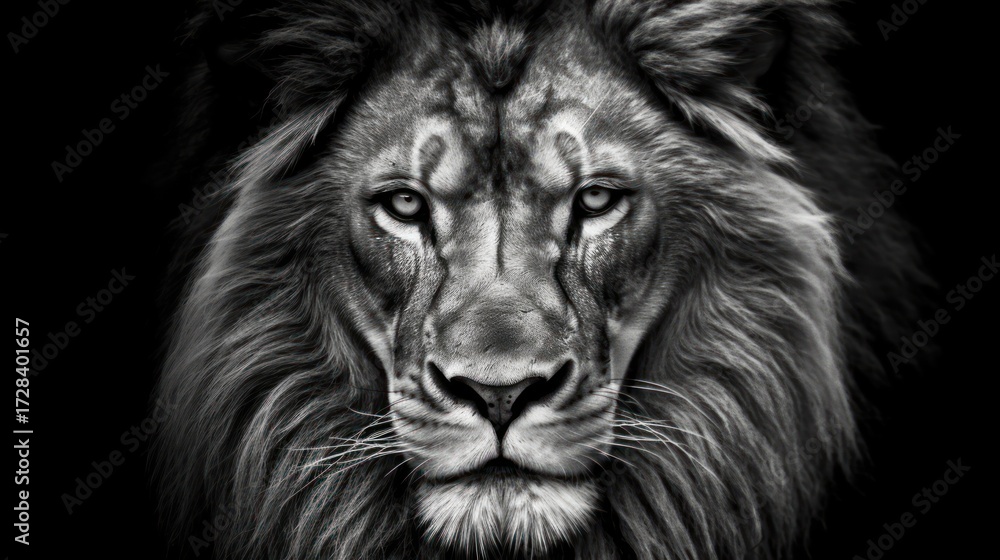 Fototapeta premium high resolution, detailed portrait of a majestic lion, close-up shot of the lion's face, dramatic lighting, black and white photography, intricate fur textures, intense gaze, powerful presence, cinema