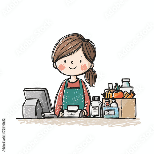 Cute Hand Drawn Style Female Grocer Behind Counter at Grocery Store