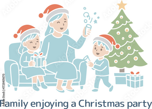 家でクリスマスパーティーを楽しんでいる家族（主線なし）
A family enjoying a Christmas party at home (no main lines)
