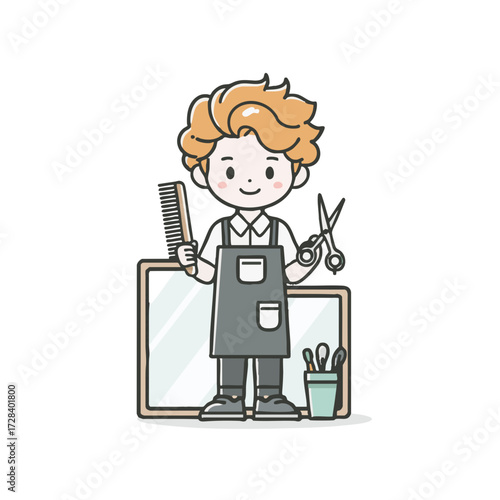 Cute Cartoon Barber Character Holding Comb and Scissors in Hair Salon