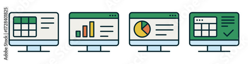 Spreadsheet icon on Computer screen flat illustration. Financial accounting report concept. office things for accounting planning, analysis, audit, project management, marketing, research vector set.
