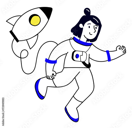 Design astronaut girl in space with yellow sun and blue suit floating in dark cosmos illustration art verctor art illustration png