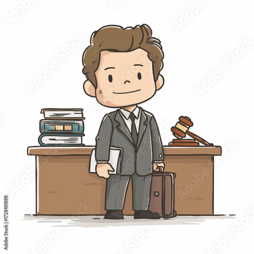 Cartoon Style Confident Lawyer with Briefcase Standing in His Office Illustration