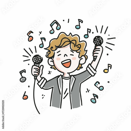 Whimsical Handdrawn Singer Performing with Microphones and Musical Notes Illustration