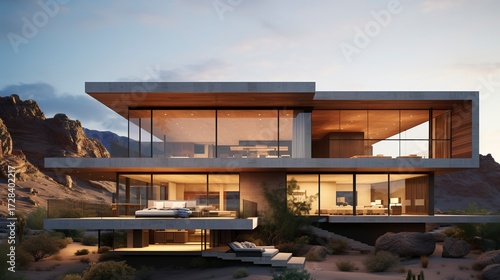 A photo of a sleek triple-story desert house. ,