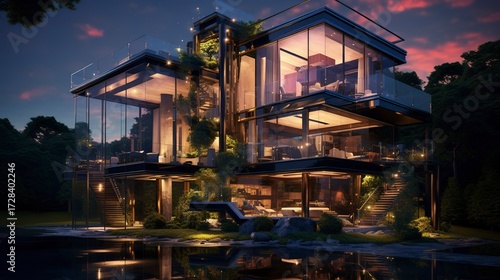 A photo of a sleek triple-story glass house. ,
