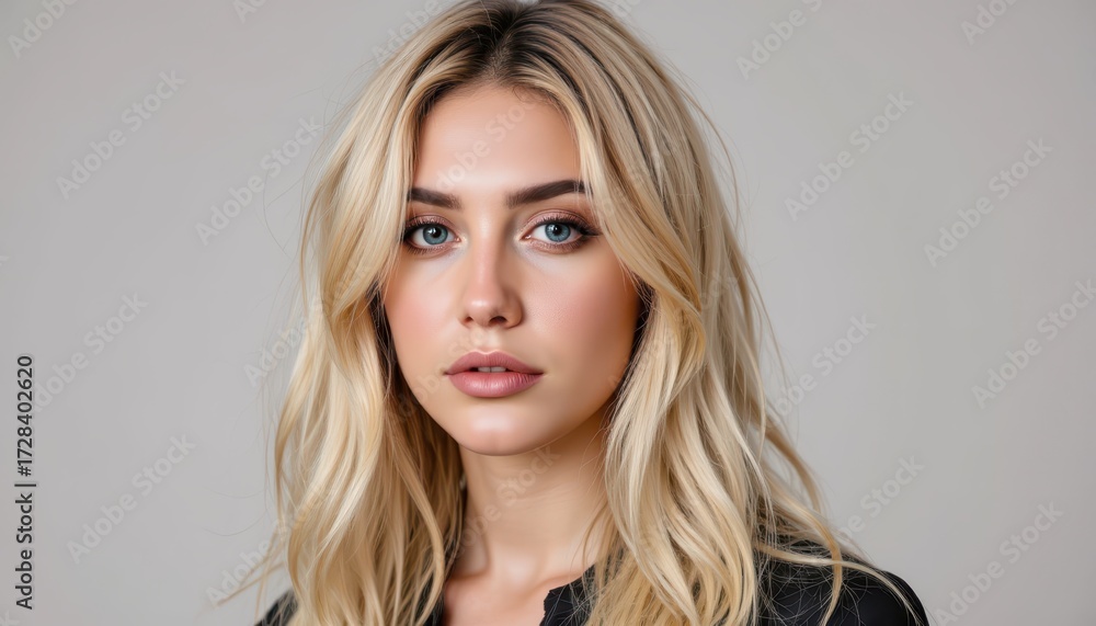 Fototapeta premium Captivating portrait, woman with long blonde hair and striking blue eyes stunning