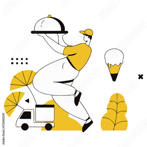 Design food delivery service illustration with courier truck and dessert for online order and fast shipping vector verctor art illustration png