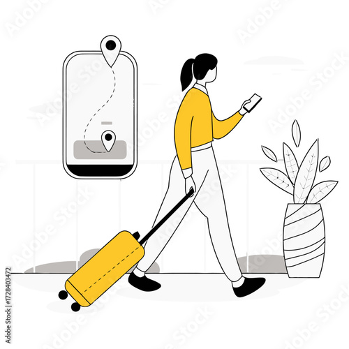 Design traveling man with suitcase using phone for navigation app destination travel mobile journey trip route verctor art illustration png