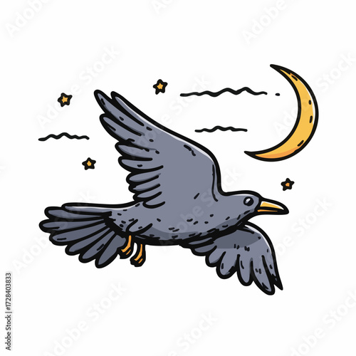 Handdrawn Outline Flying Crow at Night with Moon and Stars Illustration