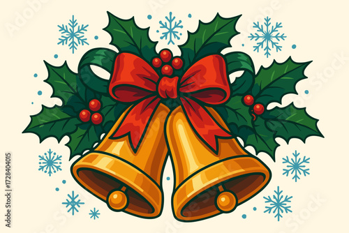 Festive Christmas bells decorated with holly and a red ribbon on a light background