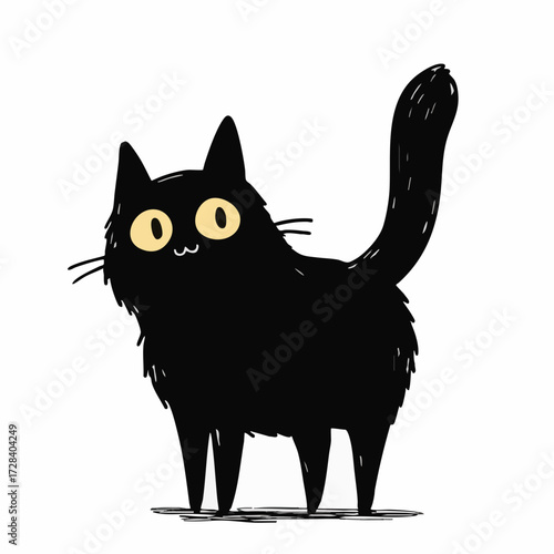Cartoon Style Cute Black Cat Standing Upright Animal Illustration