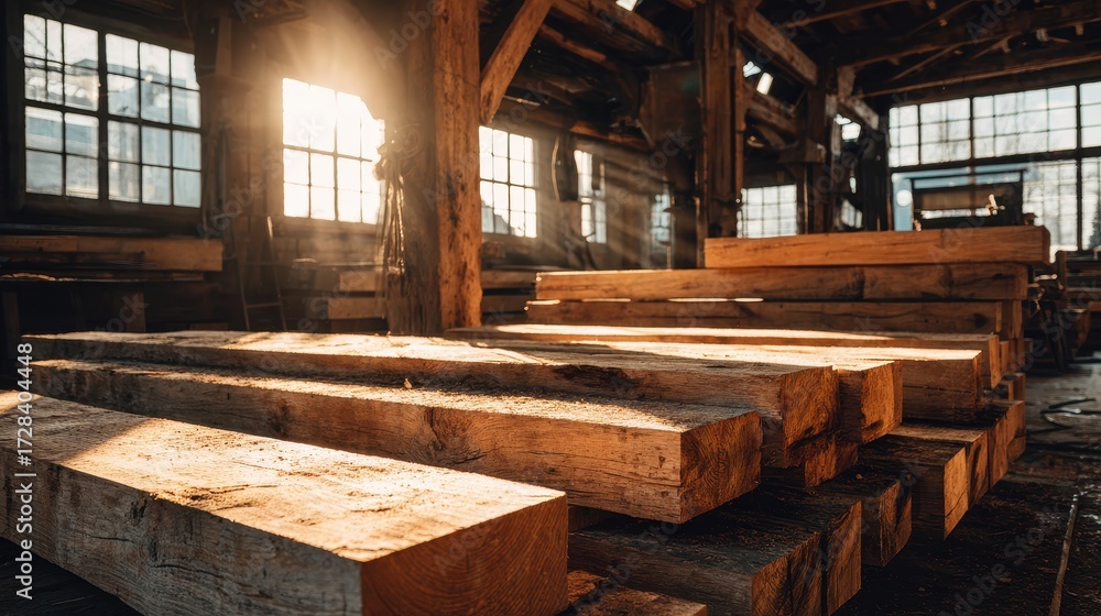 Obraz premium Sunlit Interior of a Rustic Lumber Mill, Wooden Beams, Warm Tones, Industrial Heritage.