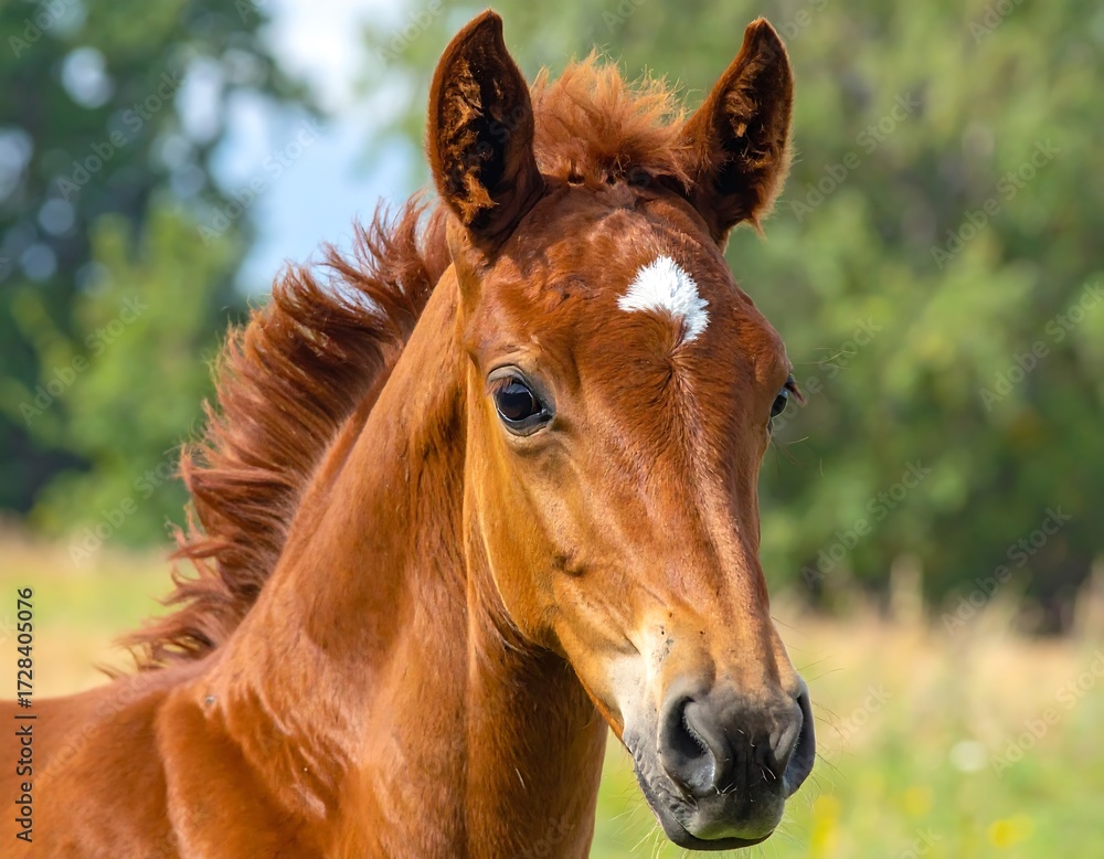 Obraz premium Young Chestnut Foal Portrait in a Sunny Meadow