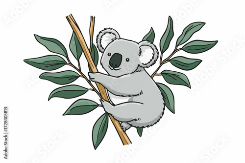 Cute Cartoon Style Koala Bear Hanging on Branch Illustration