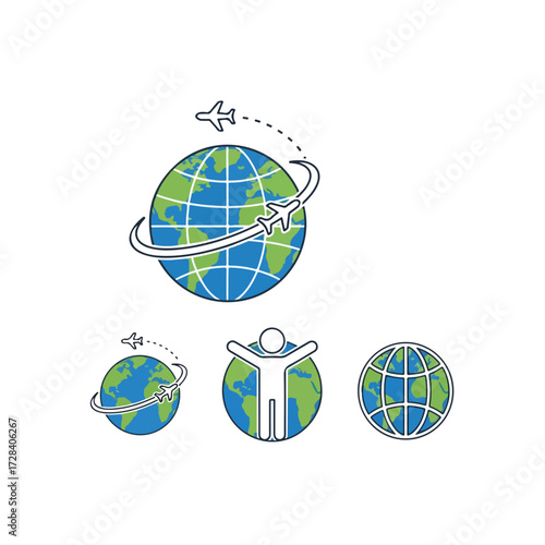 Vector icon set of Earth globe with airplane for international travel concept.