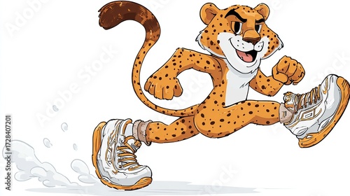 Cartoon cheetah mascot running in sneakers
