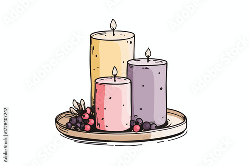 Colorful Handdrawn Candle Still Life with Berries and Tray Illustration