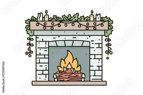 Line Art Minimalist Fireplace with Burning Wood and Christmas Garland Illustration