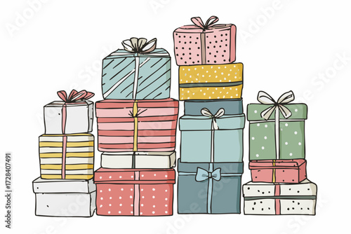 Whimsical Handdrawn Stack of Christmas Presents with Decorative Patterns