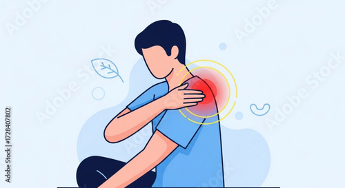 Illustration of a person holding their shoulder in pain with a red circle indicating the area of discomfort created with generated ai