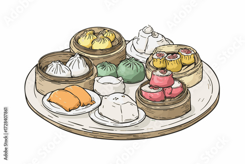 Handdrawn Delicious Assorted Dim Sum Cuisine Culinary Collection Illustration