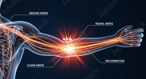 Illustration of human arm anatomy highlighting median radial and ulnar nerves with inflammation created with generated ai