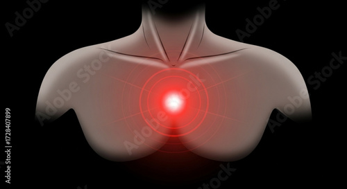 Human torso with a bright red glowing light emanating from the chest area on a dark black background created with generated ai