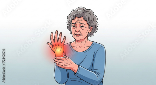 Elderly woman experiencing hand pain with red radiating glow around her wrist and fingers illustration created with generated ai