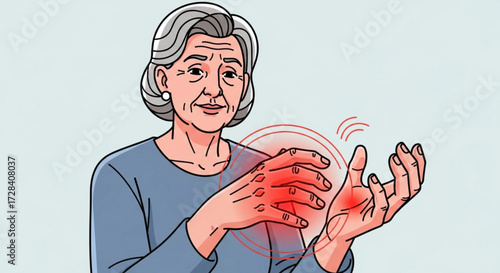 Elderly woman with hand pain and inflammation indicated by red circles around the joints and fingers created with generated ai