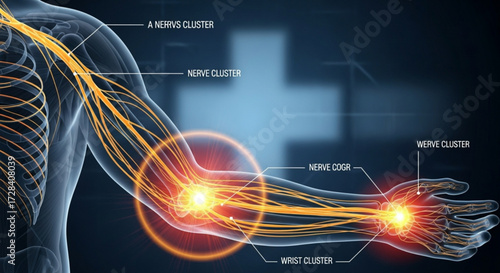 Illustration of the human arm showing nerve clusters and nerve pathways in the upper extremity anatomy created with generated ai