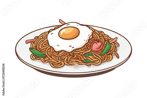 Hand Drawn Delicious Noodle with Fried Egg on Plate Illustration