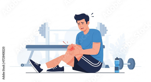 Man experiencing knee pain while sitting on the floor in a gym with weights and water bottle nearby created with generated ai