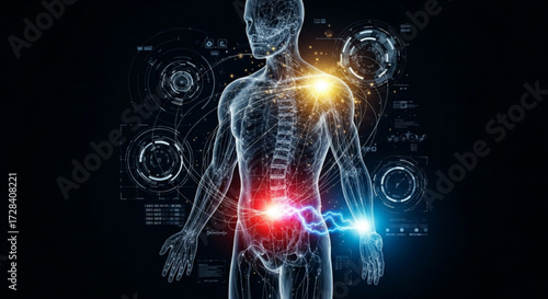 Human body hologram with glowing points and digital interface elements on a black background design concept created with generated ai