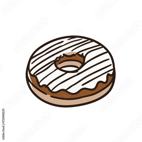Simple Line Art Chocolate Donut with White Icing Food Illustration