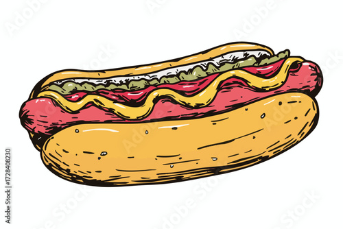 Colorful Sketch Hotdog with Mustard and Ketchup Illustration Food Graphic