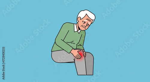 Elderly man with white hair sitting and holding his knee which is marked in red indicating pain created with generated ai