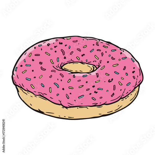 Handdrawn Delicious Donut with Pink Glaze and Sprinkles Illustration