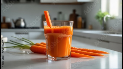Vibrant Carrot Juice in a Glass with Fresh Carrots on a Kitchen Countertop