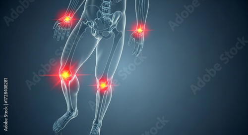 Human skeleton with highlighted joints indicating pain or inflammation on a dark blue background created with generated ai