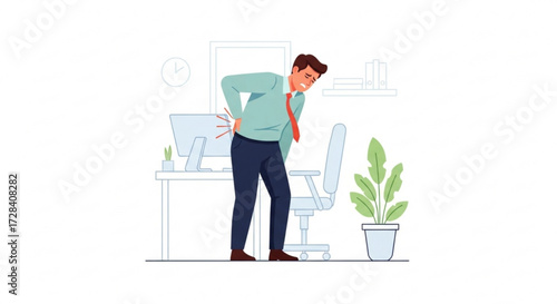 Illustration of a man in an office experiencing back pain while standing near his desk and computer setup created with generated ai