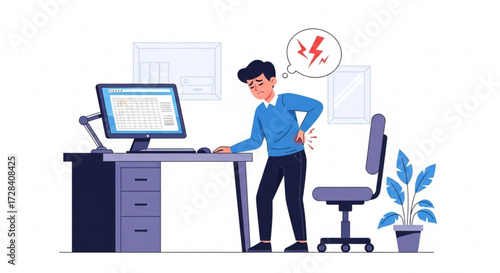 Man experiencing back pain at desk with computer and office setting in a cartoon illustration style created with generated ai