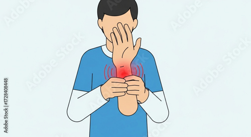 Person holding their painful wrist with red radiating pain shown on the wrist and covering their face created with generated ai