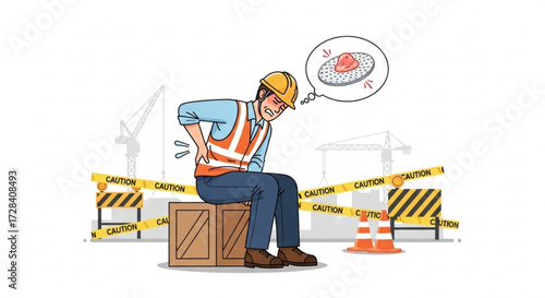Construction worker sitting on a box with back pain thinking of a herniated disc at the construction site created with generated ai