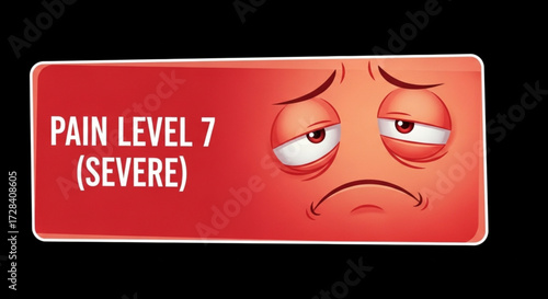 Red pain scale indicator with pain level seven and a cartoon face showing severe discomfort and pain created with generated ai