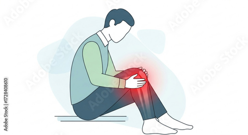 Man sitting with knee pain illustration showing discomfort and inflammation in the leg area with red glow created with generated ai
